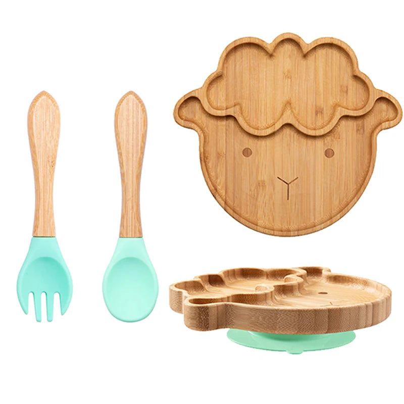 3-piece bamboo children's dinnerware set - plate, bowl &amp; cutlery - with silicone suction cup - sustainable &amp; BPA-free