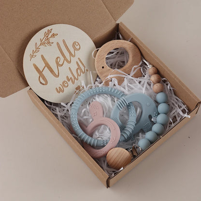 Baby gift set teething set – elephant &amp; rabbit – silicone pacifier cord &amp; wooden milestone card – maternity gift