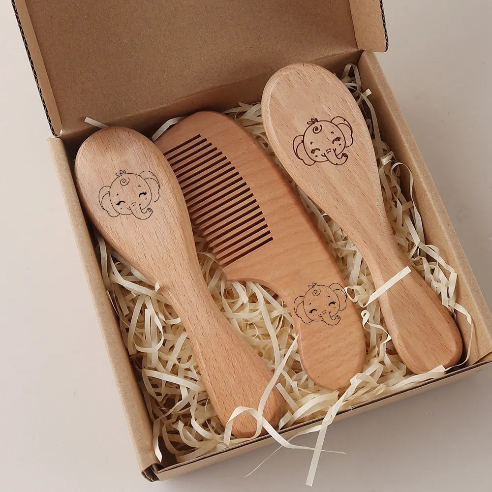 Baby gift set – hair care set with comb, brush &amp; air cushion brush – natural beech wood &amp; wool - maternity gift in gift box