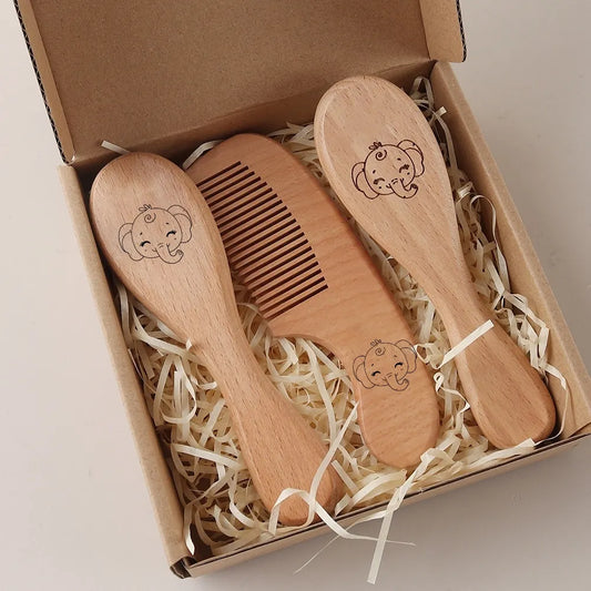 Baby gift set – hair care set with comb, brush &amp; air cushion brush – natural beech wood &amp; wool - maternity gift in gift box