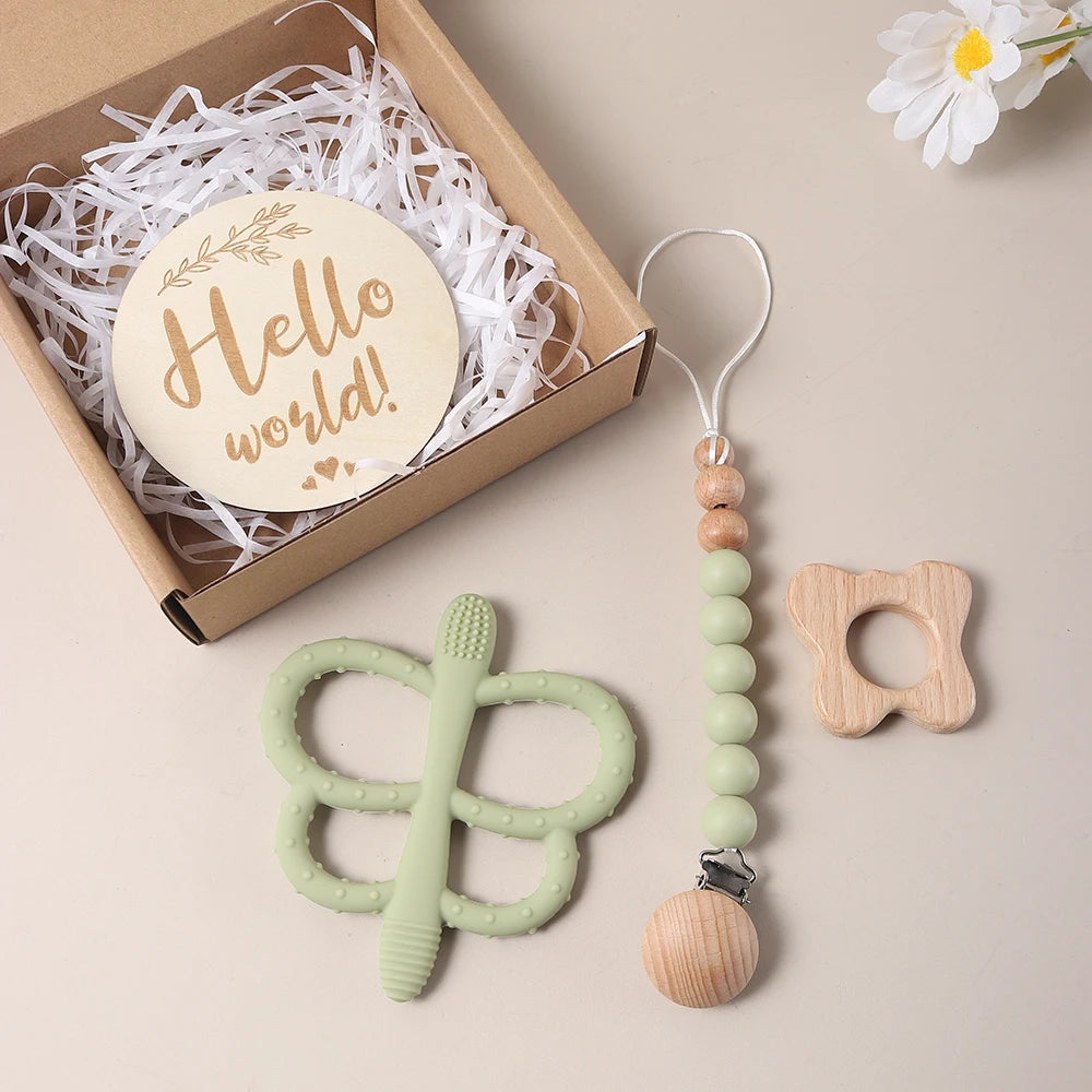 Baby gift set – butterfly teether, pacifier clip &amp; milestone card – maternity gift in a gift box