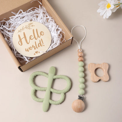 Baby gift set – butterfly teether, pacifier clip &amp; milestone card – maternity gift in a gift box