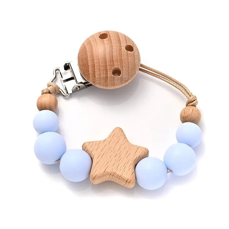 Pacifier clip with wooden teething ring – silicone beads &amp; star – BPA-free – baby gift