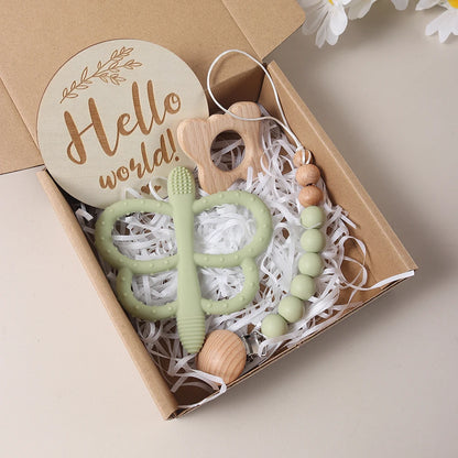 Baby gift set – butterfly teether, pacifier clip &amp; milestone card – maternity gift in a gift box