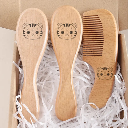 Baby gift set – hair care set with comb, brush &amp; air cushion brush – natural beech wood &amp; wool - maternity gift in gift box