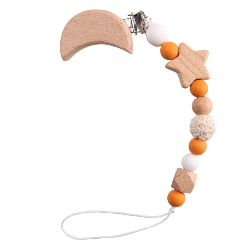 Wooden pacifier clip with crocheted beads &amp; moon clip – handmade &amp; safe – baby teether