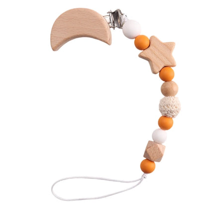 Wooden pacifier clip with crocheted beads &amp; moon clip – handmade &amp; safe – baby teether