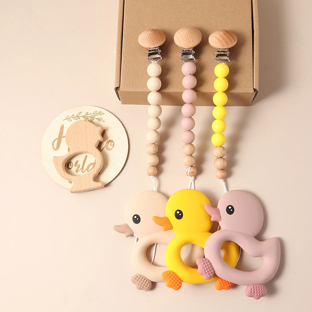 Baby gift set – duck teether, pacifier clip, bib &amp; wooden rattle – maternity gift in gift box