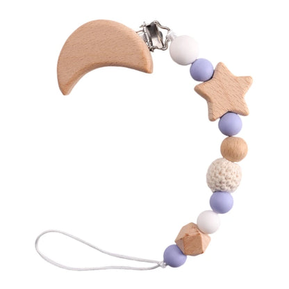 Wooden pacifier clip with crocheted beads &amp; moon clip – handmade &amp; safe – baby teether