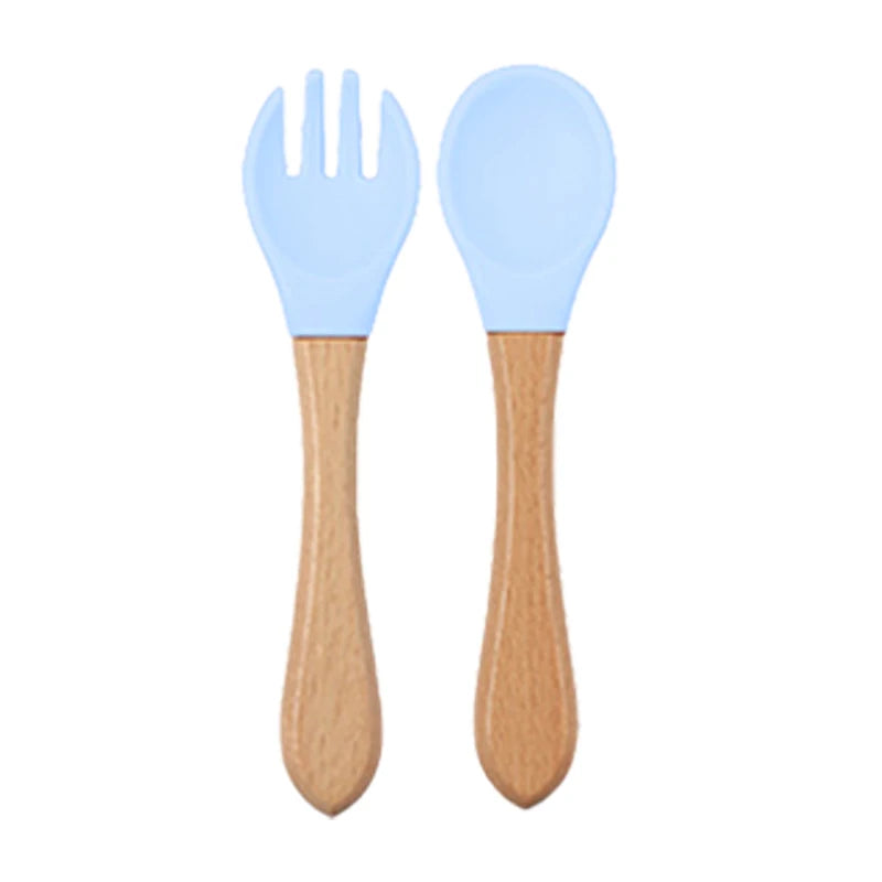 Baby silicone dinner set – plate, bowl, wooden spoon &amp; fork – BPA-free &amp; non-slip