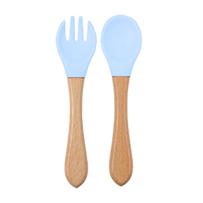 Baby silicone dinner set – plate, bowl, wooden spoon &amp; fork – BPA-free &amp; non-slip