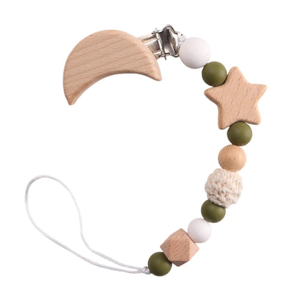 Wooden pacifier clip with crocheted beads &amp; moon clip – handmade &amp; safe – baby teether