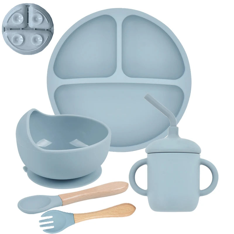 5-Piece Silicone Children's Dinnerware Set - Non-Slip Plate, Bowl, Spoon &amp; Fork - BPA-Free