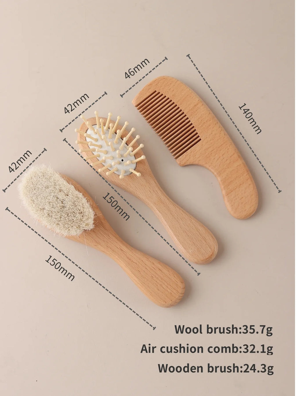 Baby gift set – hair care set with comb, brush &amp; air cushion brush – natural beech wood &amp; wool - maternity gift in gift box
