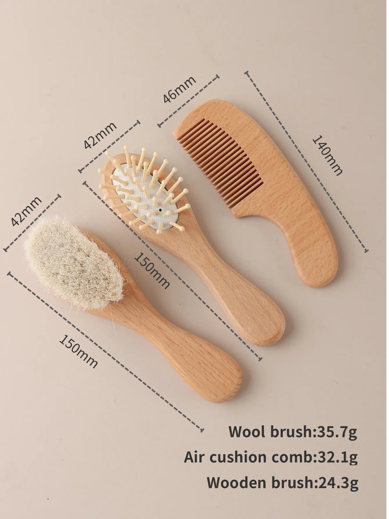 Baby gift set – hair care set with comb, brush &amp; air cushion brush – natural beech wood &amp; wool - maternity gift in gift box