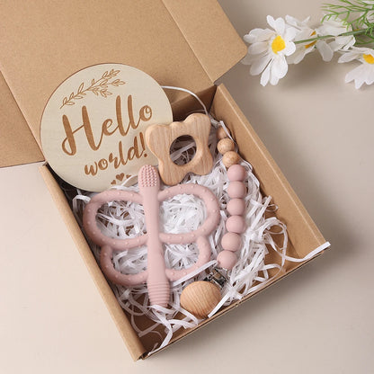 Baby gift set – butterfly teether, pacifier clip &amp; milestone card – maternity gift in a gift box