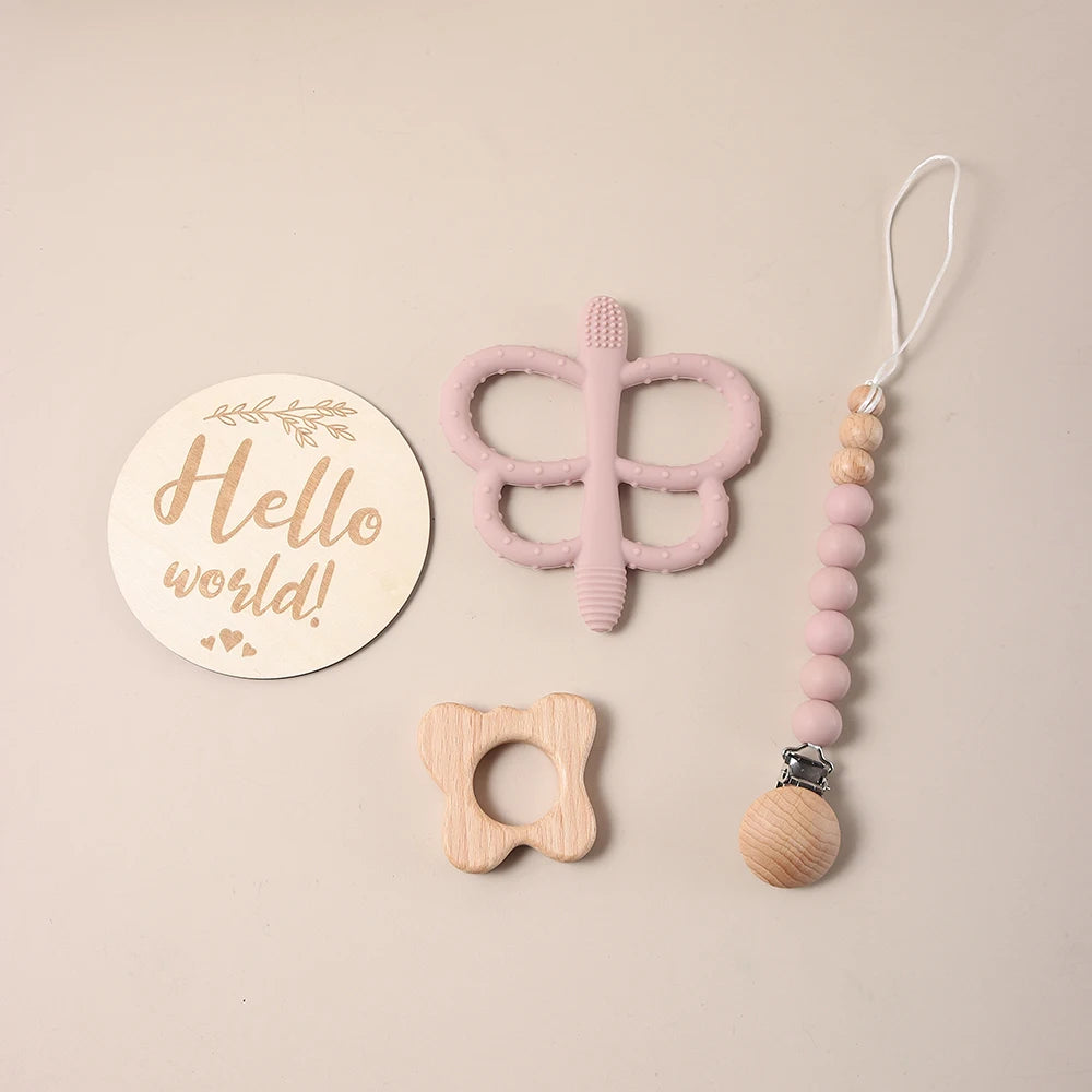 Baby gift set – butterfly teether, pacifier clip &amp; milestone card – maternity gift in a gift box