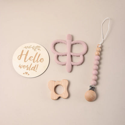 Baby gift set – butterfly teether, pacifier clip &amp; milestone card – maternity gift in a gift box