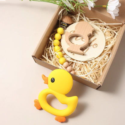 Baby gift set – duck teether, pacifier clip, bib &amp; wooden rattle – maternity gift in gift box