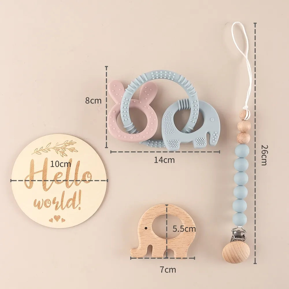Baby gift set teething set – elephant &amp; rabbit – silicone pacifier cord &amp; wooden milestone card – maternity gift