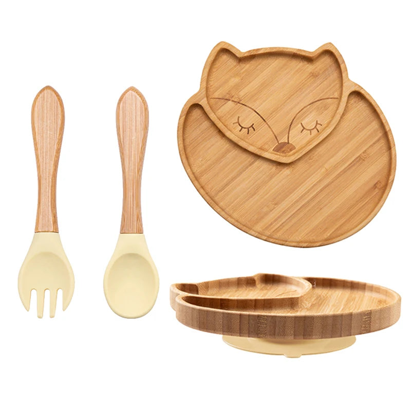 3-piece bamboo children's dinnerware set - plate, bowl &amp; cutlery - with silicone suction cup - sustainable &amp; BPA-free