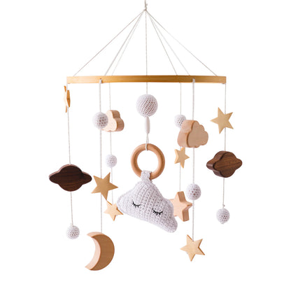 Wooden mobile – with bunnies and playful figures – for a crib or dresser