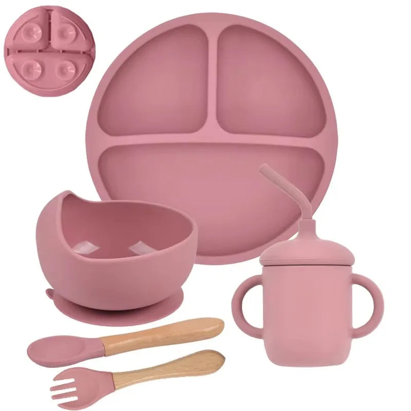 5-Piece Silicone Children's Dinnerware Set - Non-Slip Plate, Bowl, Spoon &amp; Fork - BPA-Free