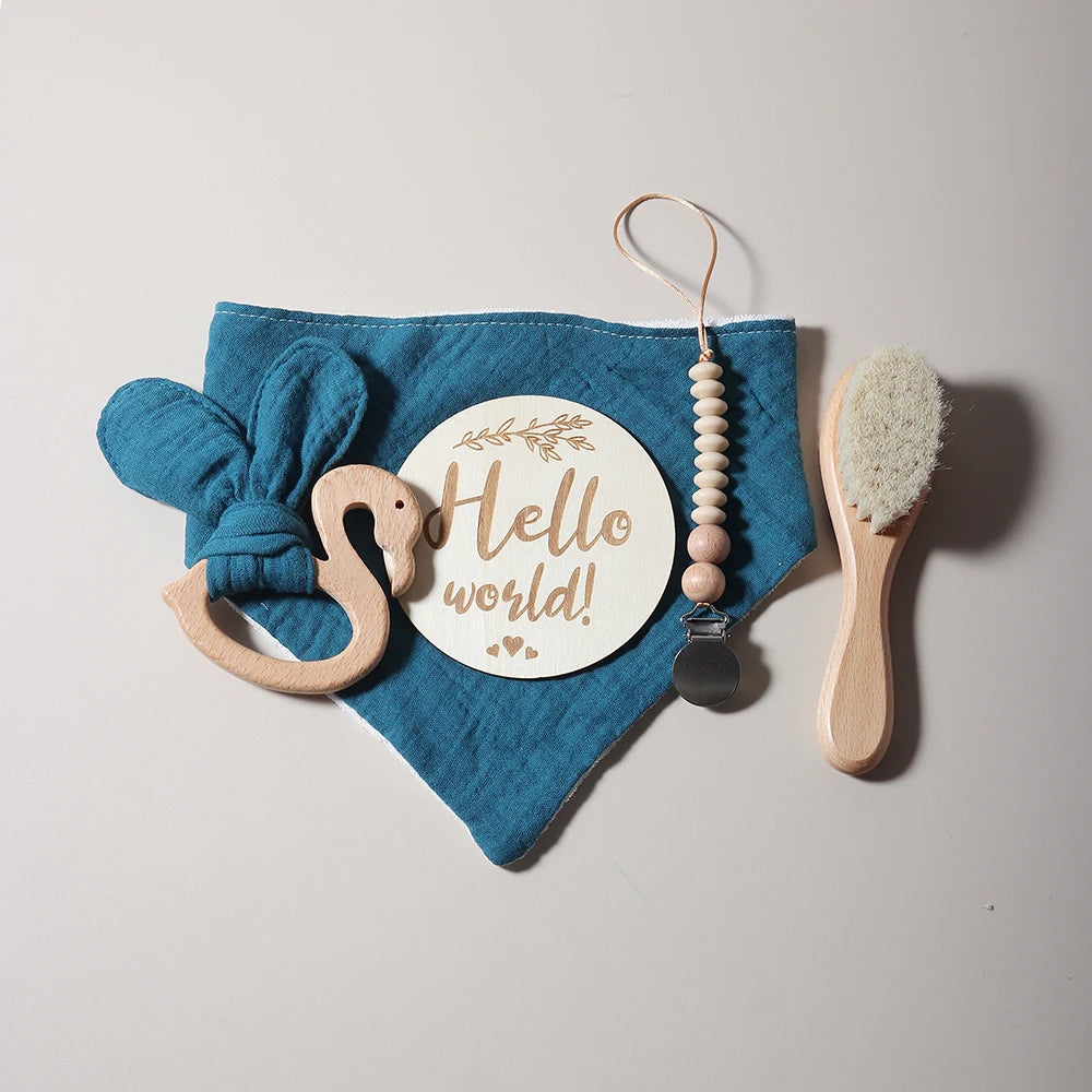 Baby gift set – bib, teething ring, pacifier clip &amp; brush – flamingo theme – maternity gift in gift box