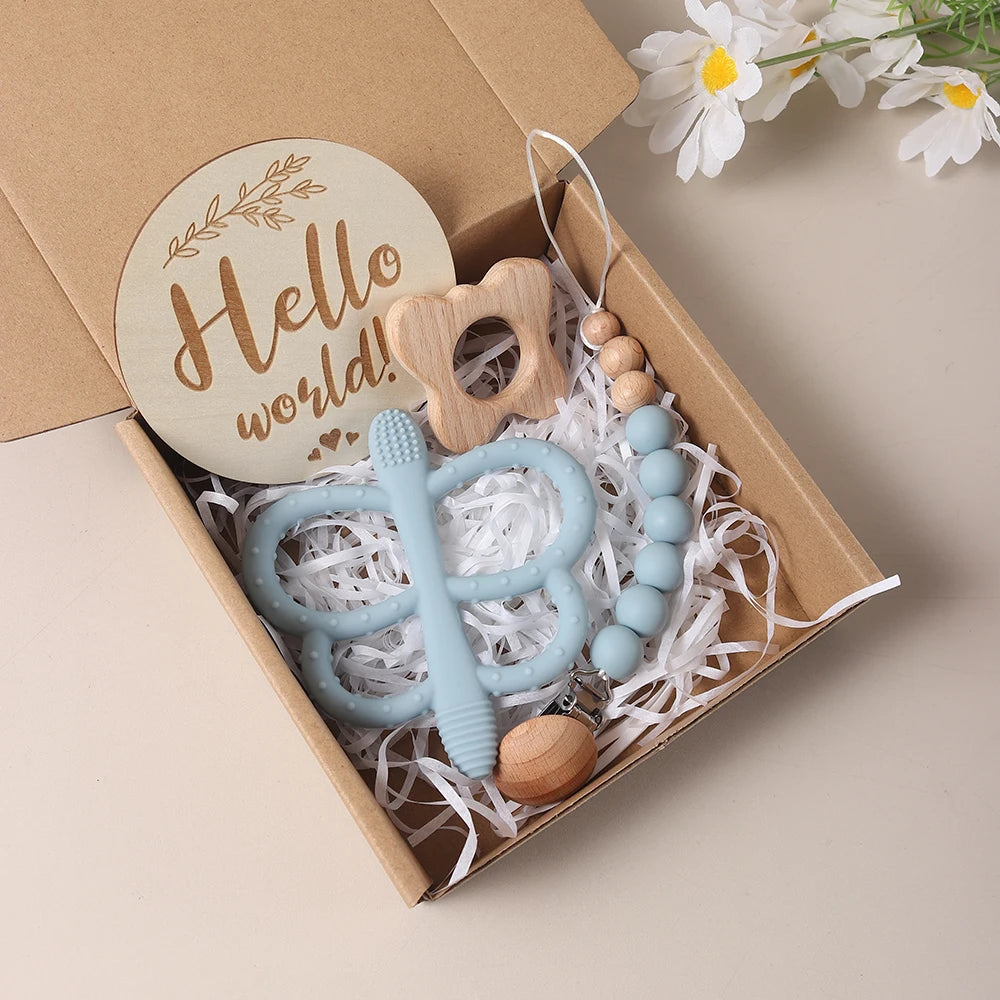 Baby gift set – butterfly teether, pacifier clip &amp; milestone card – maternity gift in a gift box