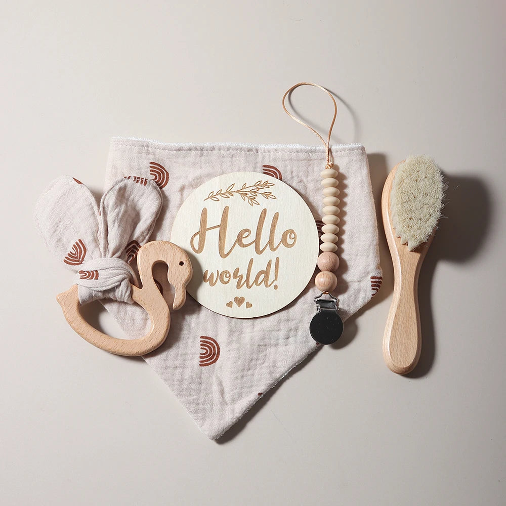 Baby gift set – bib, teething ring, pacifier clip &amp; brush – flamingo theme – maternity gift in gift box