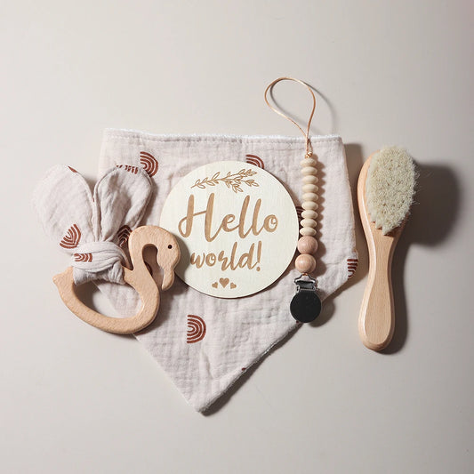 Baby gift set with teething ring, pacifier clip, bib, wooden circle &amp; brush - maternity gift in gift box