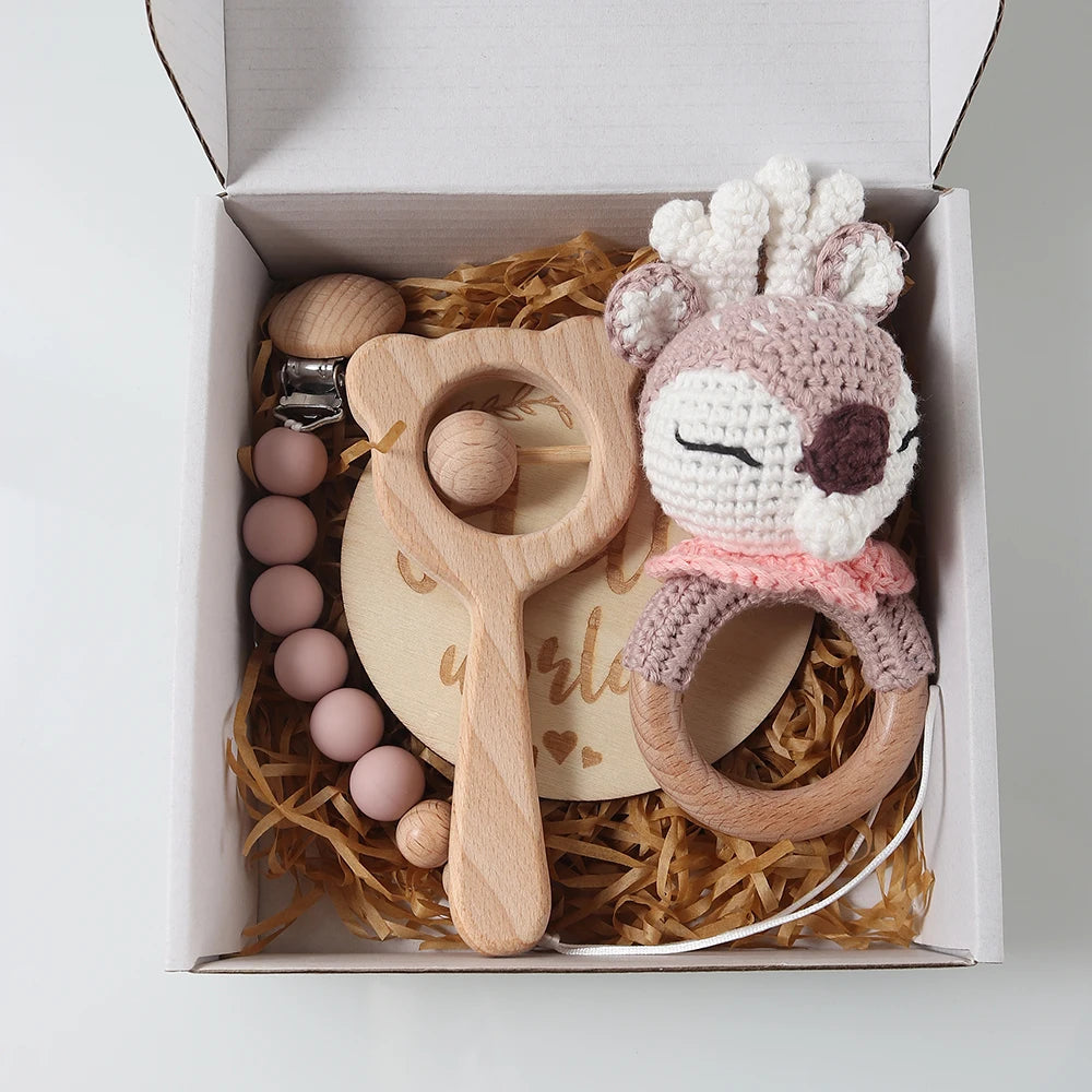 Baby gift set – crocheted rattle, pacifier clip, teething ring &amp; circle - maternity gift in gift box