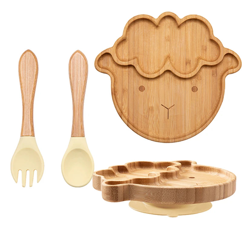 3-piece bamboo children's dinnerware set - plate, bowl &amp; cutlery - with silicone suction cup - sustainable &amp; BPA-free