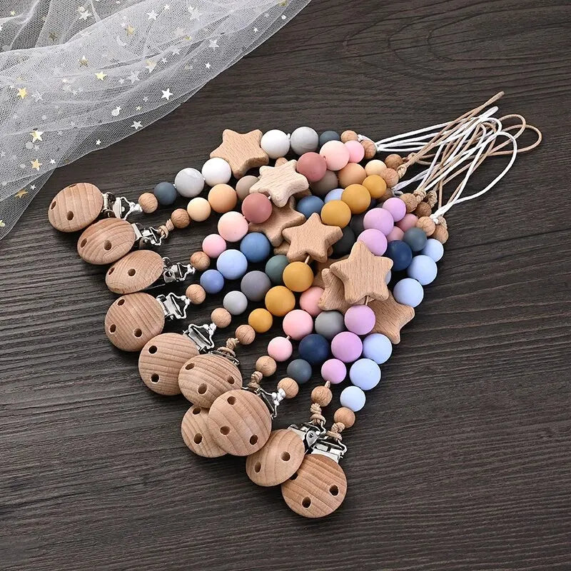 Pacifier clip with wooden teething ring – silicone beads &amp; star – BPA-free – baby gift