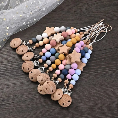 Pacifier clip with wooden teething ring – silicone beads &amp; star – BPA-free – baby gift