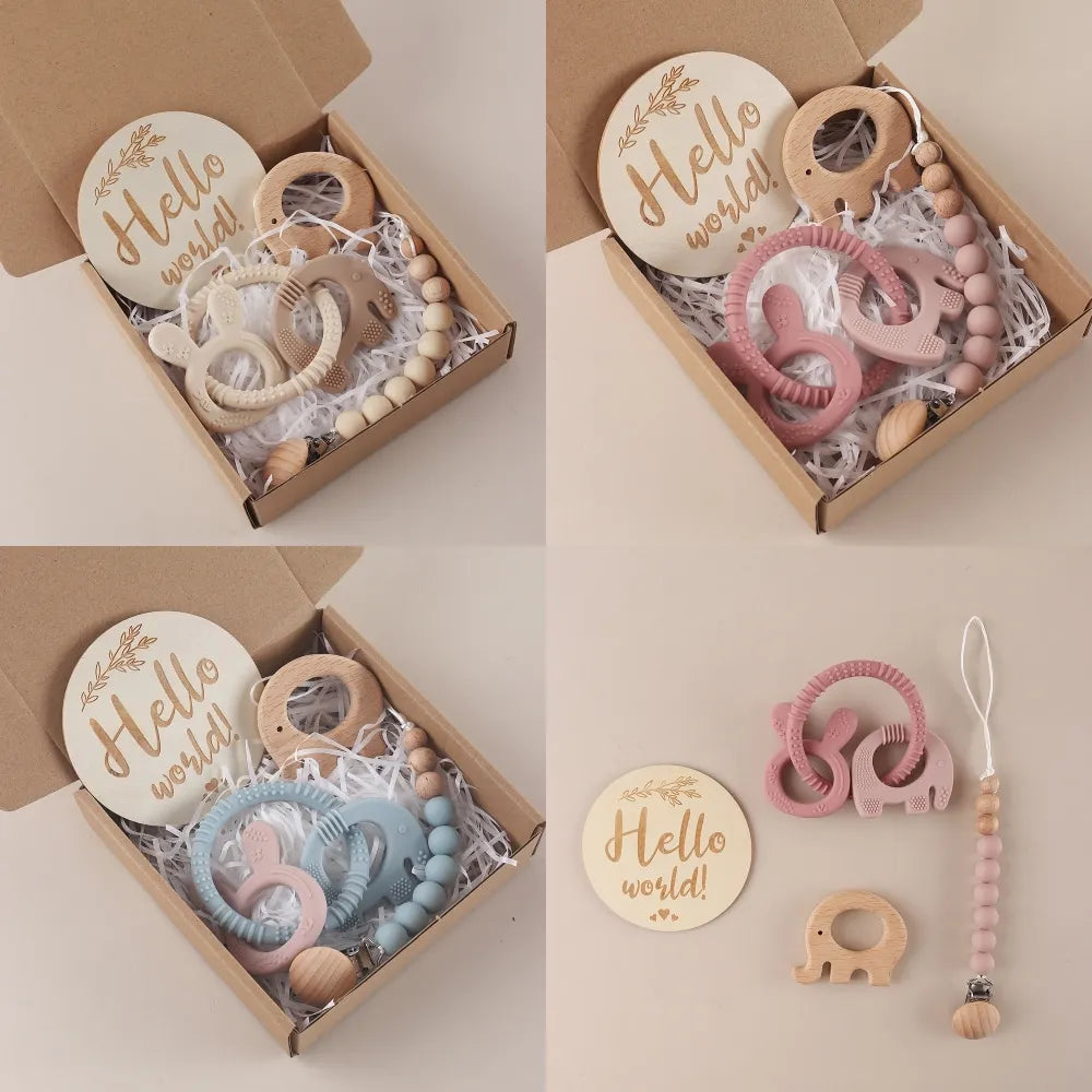 Baby gift set teething set – elephant &amp; rabbit – silicone pacifier cord &amp; wooden milestone card – maternity gift