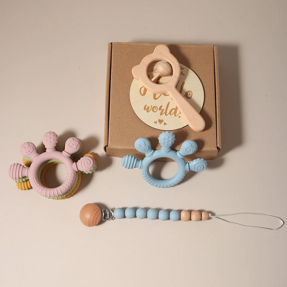 Baby gift set – hand-shaped teething ring, pacifier clip, wooden bear rattle – maternity gift in gift box