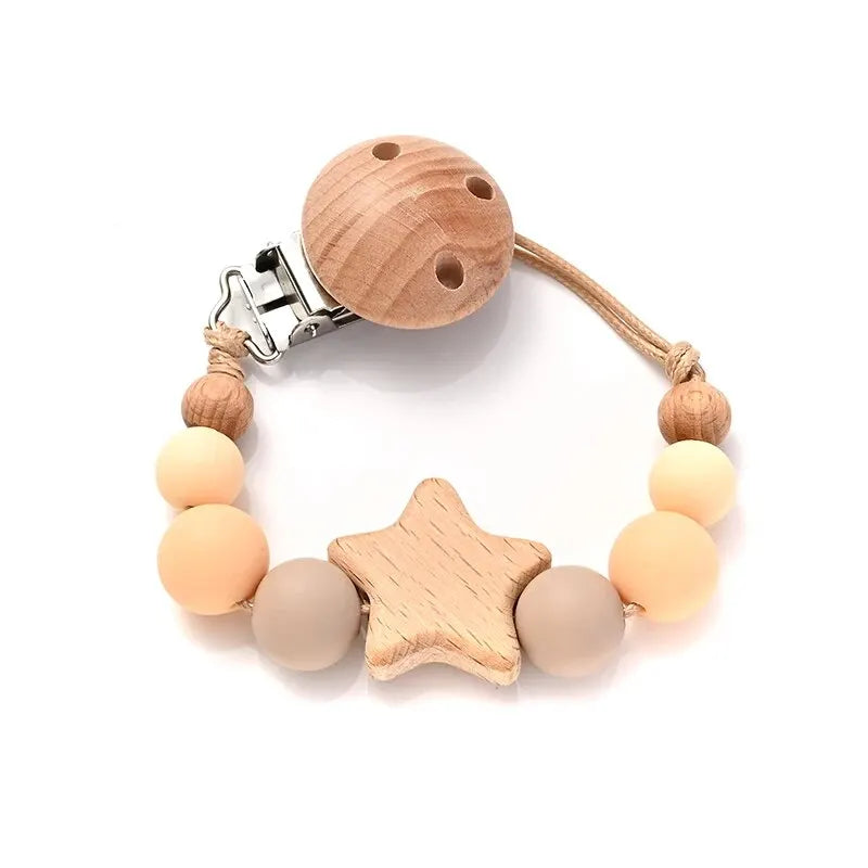 Pacifier clip with wooden teething ring – silicone beads &amp; star – BPA-free – baby gift