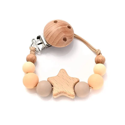 Pacifier clip with wooden teething ring – silicone beads &amp; star – BPA-free – baby gift