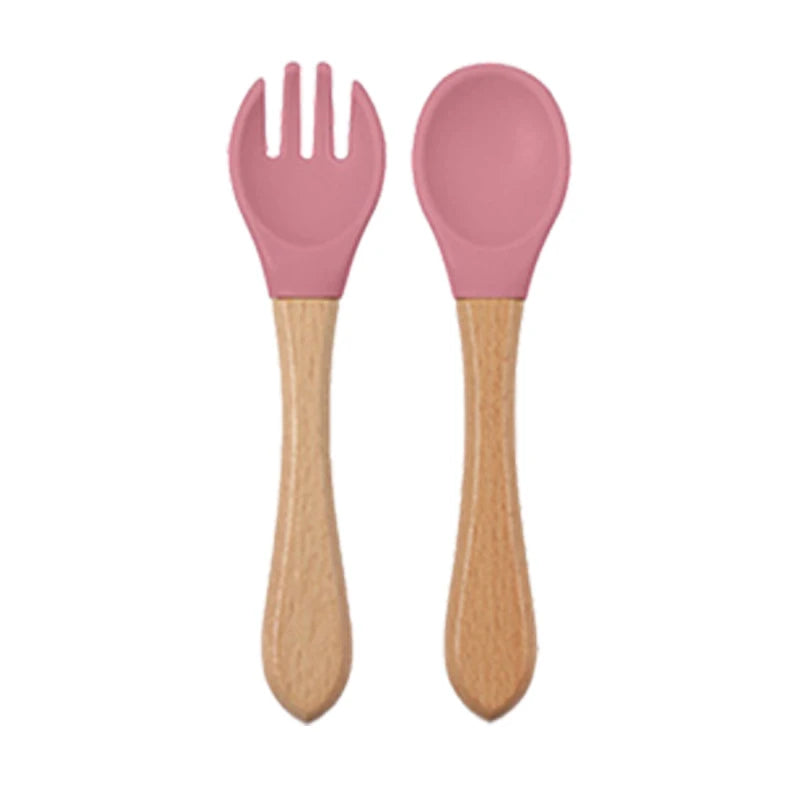 Baby silicone dinner set – plate, bowl, wooden spoon &amp; fork – BPA-free &amp; non-slip