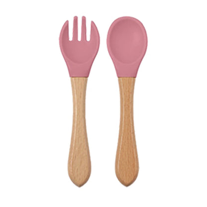 Baby silicone dinner set – plate, bowl, wooden spoon &amp; fork – BPA-free &amp; non-slip