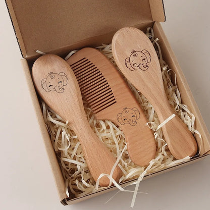 Baby gift set – hair care set with comb, brush &amp; air cushion brush – natural beech wood &amp; wool - maternity gift in gift box