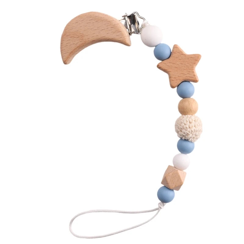 Wooden pacifier clip with crocheted beads &amp; moon clip – handmade &amp; safe – baby teether
