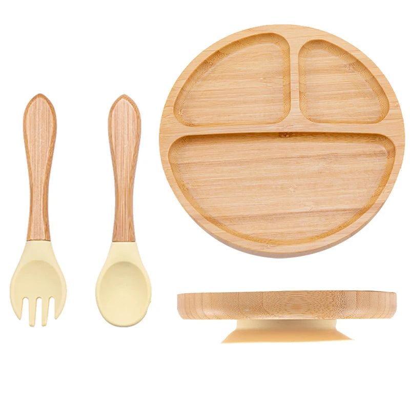 3-piece bamboo children's dinnerware set - plate, bowl &amp; cutlery - with silicone suction cup - sustainable &amp; BPA-free