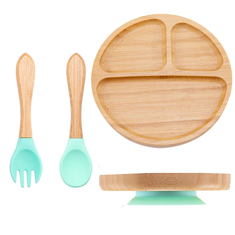 3-piece bamboo children's dinnerware set - plate, bowl &amp; cutlery - with silicone suction cup - sustainable &amp; BPA-free