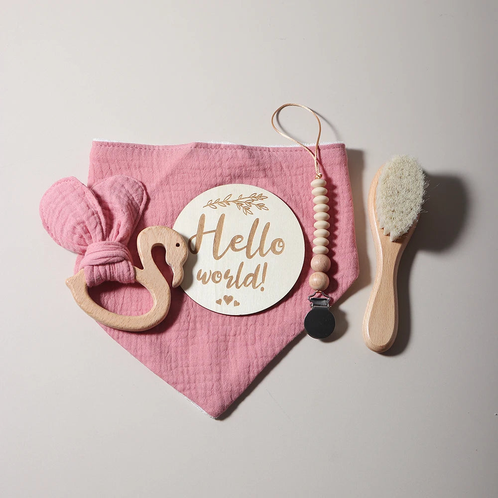 Baby gift set – bib, teething ring, pacifier clip &amp; brush – flamingo theme – maternity gift in gift box