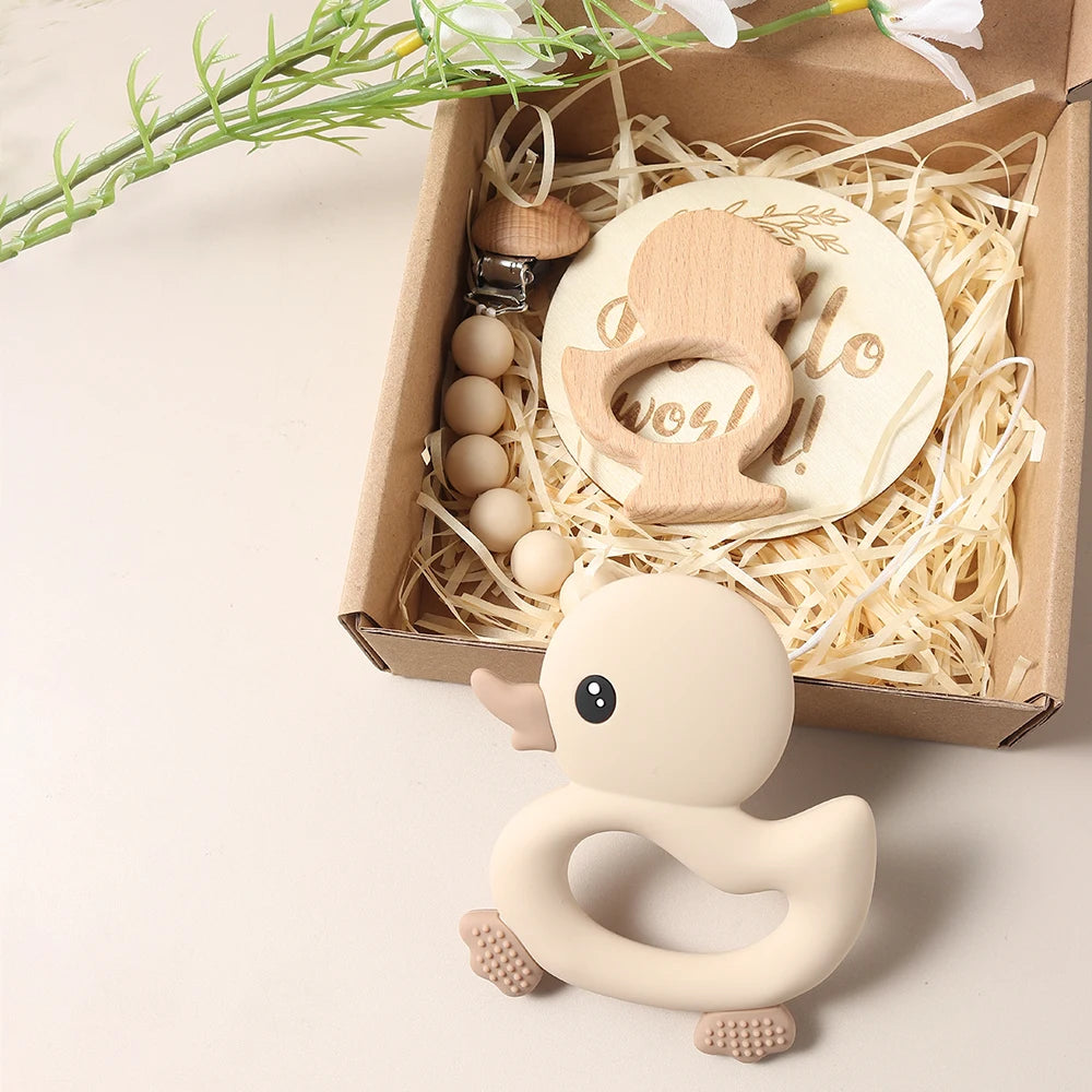 Baby gift set – duck teether, pacifier clip, bib &amp; wooden rattle – maternity gift in gift box