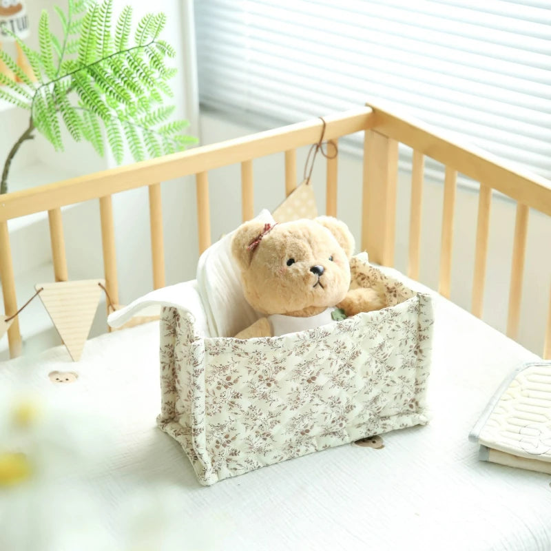 Cotton storage basket with floral print - quilted - multifunctional for diapers, care