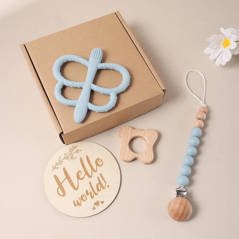 Baby gift set – butterfly teether, pacifier clip &amp; milestone card – maternity gift in a gift box