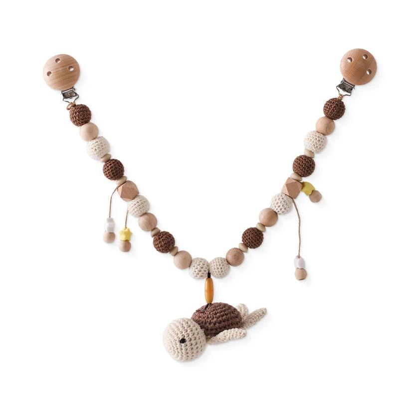 Wooden baby gym or stroller hanger – crocheted animals &amp; beads